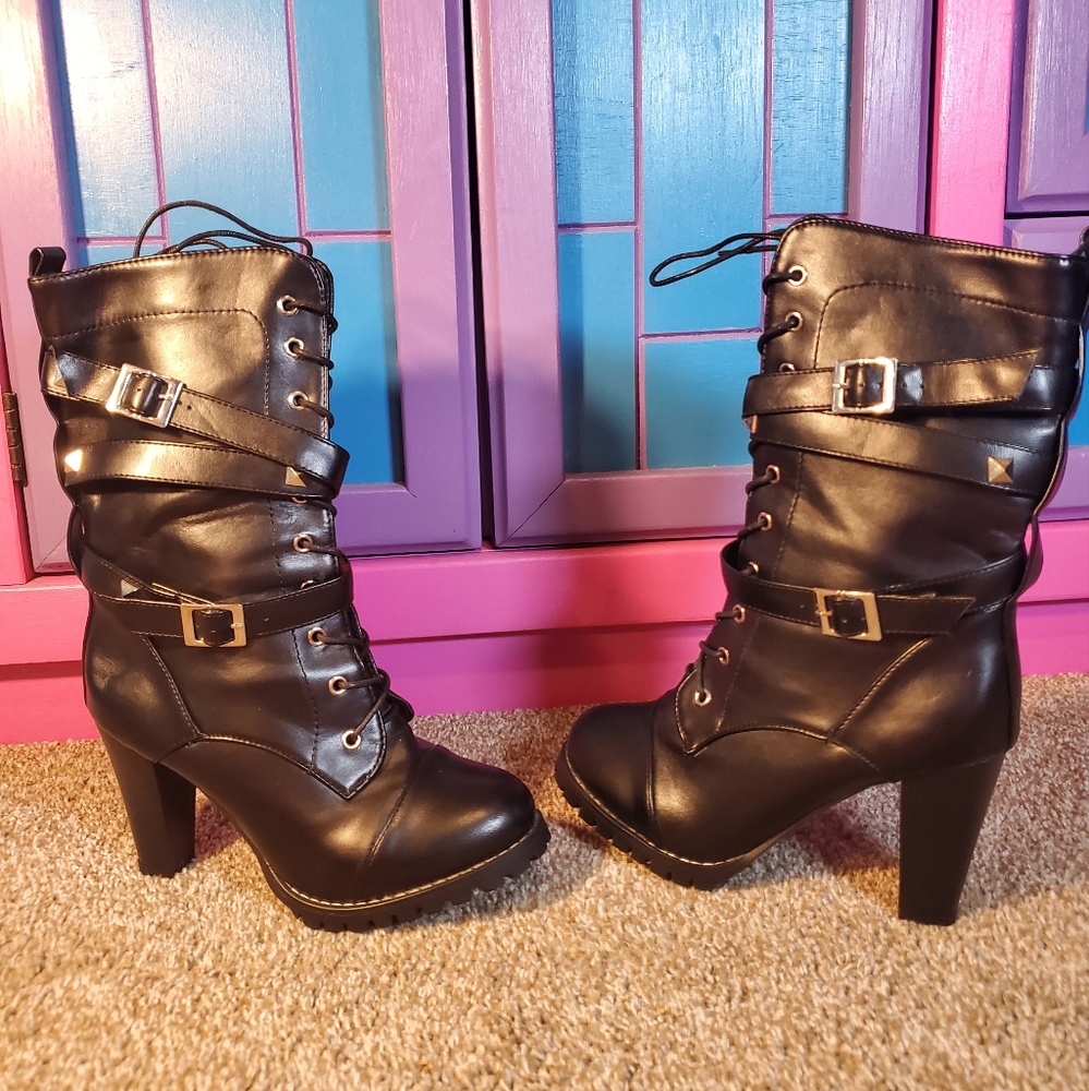 Hot Black Leather Boots Side Zip Buckle Strap Chunky High Heel with Studs Size 8